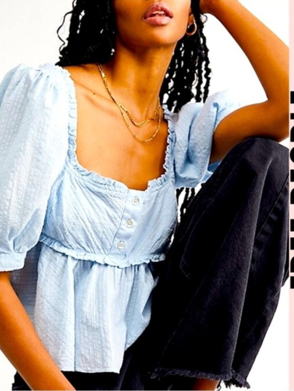Free People Top Babydoll Crop Blouse Ruffled Small Balloon Sleeve Cotton Blue